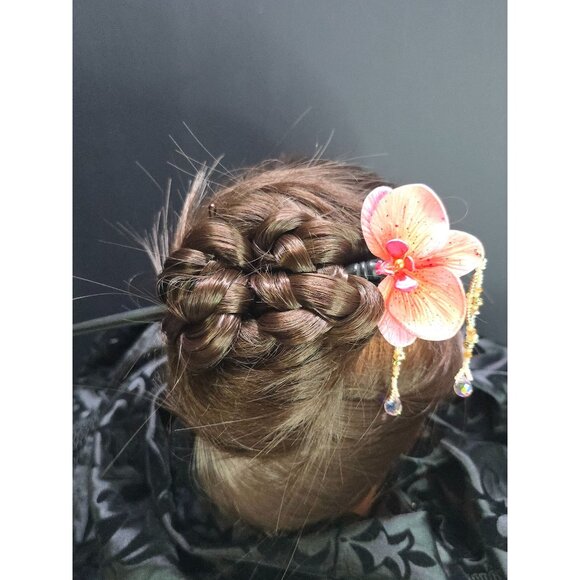 Unique Handmade Glass Beaded & Polymer Clay Asian Inspired Pink Orchid Hair Stic - Picture 5 of 7